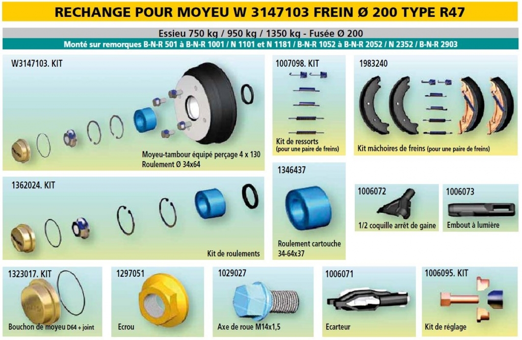 Rechange essieu 750/950/1350 kg